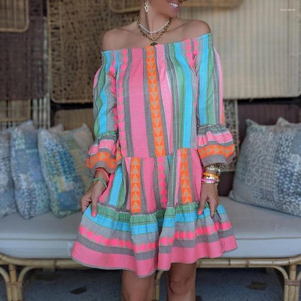 Casual Kleider Boho Stil Frauen Kleid Böhmen Retro Druck Schulterfrei Ausgestellte Lange Ärmel Mit Rüschen Saum Chic Lose Für