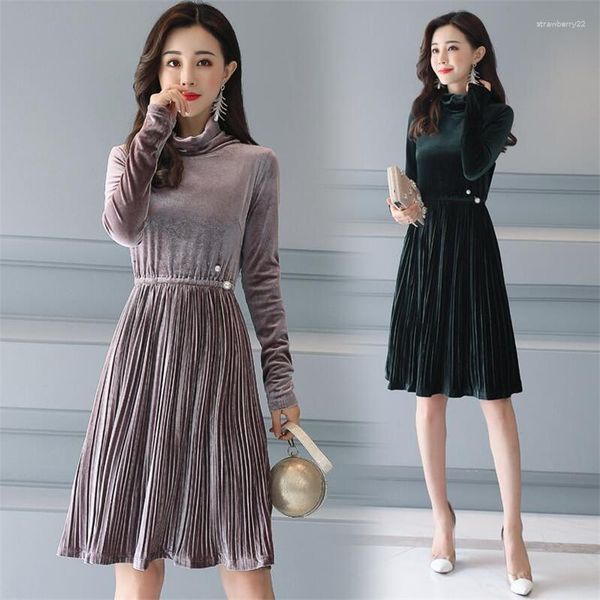 Casual Kleider 2023 Herbst Winter Frühling Vestidos Feste Volle Hülse Perlen Plissee Kleid Frauen Rollkragen Knie-länge Weibliche