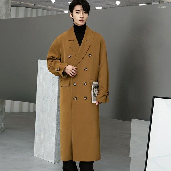 Trench Coats Masculino Outono Inverno Casaco Masculino Cáqui Longo Elegante Casual Estilo Britânico Abotoamento Duplo Luxo Outwear Coreano