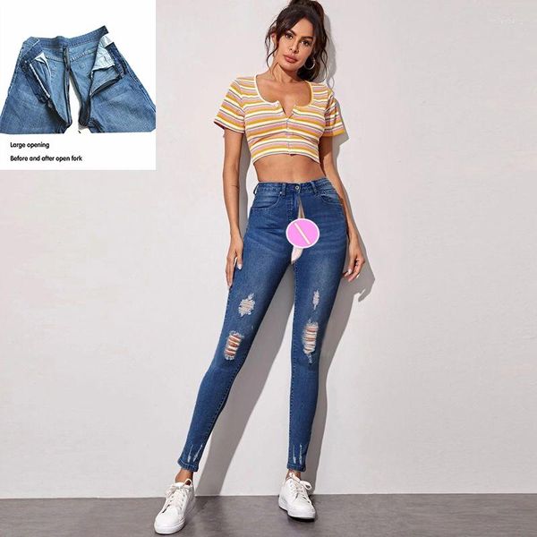 Женские джинсы с высокой талией размера плюс, невидимые открытые промежности, удобные рваные эластичные узкие брюки-карандаш в стиле ретро