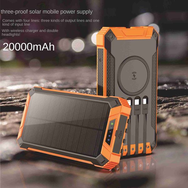 Cell Phone Power Banks Caricabatterie solare 20000mAh Solar Power Bank Caricabatterie portatile wireless Carica rapida cavo integrato Caricabatterie PowerBank per iOS Android L230731