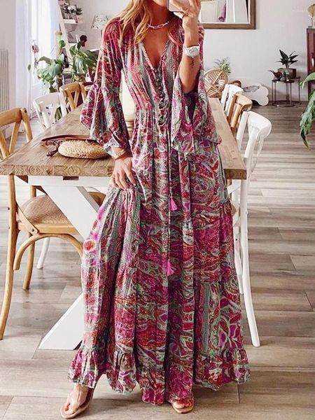 Vestidos casuais Vestido maxi feminino com estampa floral com mangas franzidas e gravata ajustável na cintura - elegante estilo boêmio verão praia