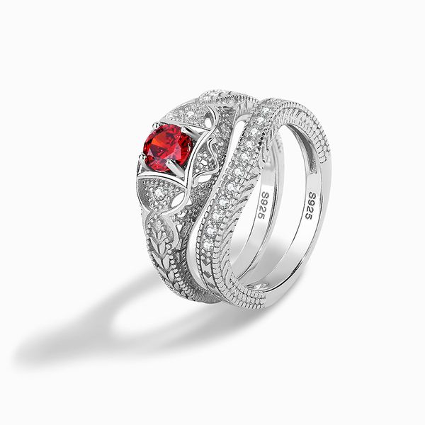 2023 argento sterling europeo e americano 925 medio granato rosso pietra rotonda doppio strato anello gioielli anello da donna di alta qualità
