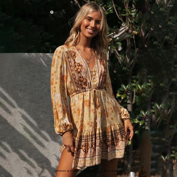 Abiti casual con scollo a V Sexy manica lunga Vintage Abiti Hippie Chic Beach Maxi abito stampato floreale Primavera allentato Bohemian Women RS347