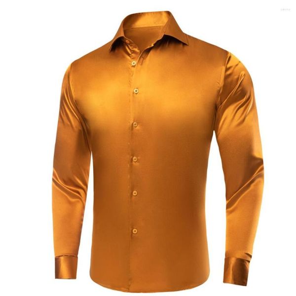 Camisas casuais masculinas de gravata alta laranja de seda sólida com lapela manga longa camisa social blusa macia para casamento formal masculino negócios grande