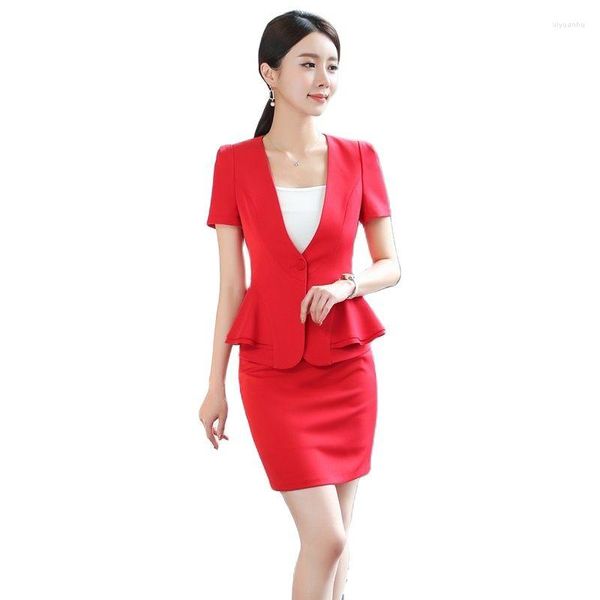 Vestido de duas peças elegante vermelho magro moda 2 tops e saia para senhoras salão de beleza formal estilos uniformes blazers conjuntos verão trabalho wear