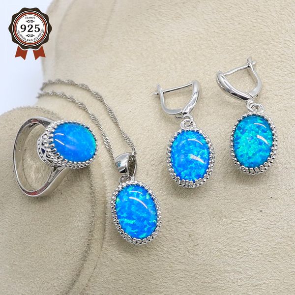 Düğün Takı Setleri Kadınlar İçin Setler Lüks 925 STERLING Gümüş Mavi Opal Beyaz Topaz Yüzük Küpe Kolye Seti Moda 230729