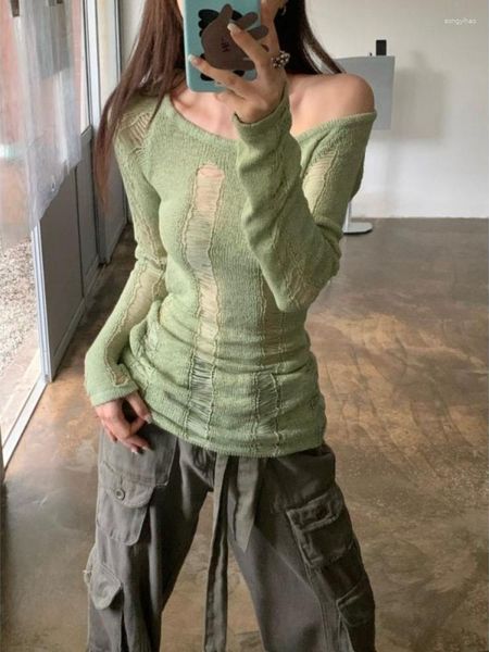 Женские свитера Deeptown Y2K Vintage Green Hollow Out вязаный свитер Женщины Harajuku Sexy Slimllless Pulver Fashion Casual Thine Jumper