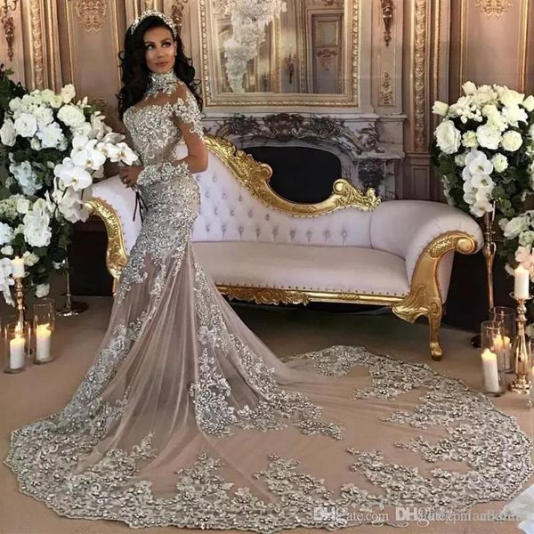 Dubai arabo elegante argento sirena abiti da sposa collo alto maniche lunghe cristalli di perline abito da sposa applicazioni di pizzo da sposa G296J