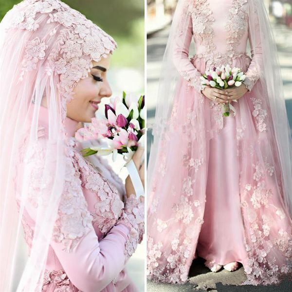 Abiti da sposa musulmani rosa perla Abiti da sposa 2021 Una linea Collo alto Maniche lunghe Pizzo floreale 3D Dubai Arabo Senza Hijab Sposa 311A