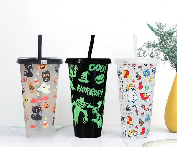 Tumblers 710ml Pipetlerle yeniden kullanılabilir Yaratıcı su bardağı, Cadılar Bayramı için Renk Kupası Büyülü Plastik Soğuk Renk Değiştirilebilir 230731