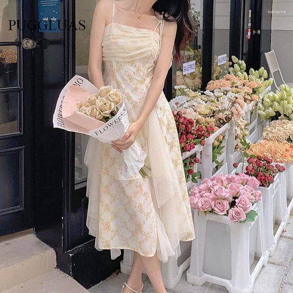 Casual Kleider Sommer Spitze Blumen Midi Kleid Frauen Koreanische Süße Perlen Geraffte Split Fee Weibliche Unregelmäßige Saum Mesh Nette 2023