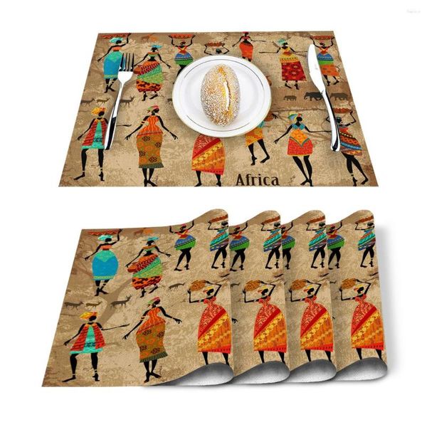 Caminho de mesa 4/6 pçs conjunto de tapetes mulher africana dança cultura vaso impresso guardanapo acessórios de cozinha festa em casa jogos americanos decorativos