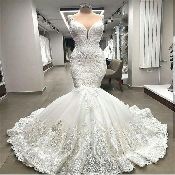 Einzigartige High-End-Spitze-Meerjungfrau-Brautkleider mit Applikationen, Dubai, Perlen-Brautkleider nach Maß Robe De Mariee271L