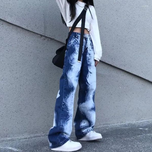 Jeans da donna Pantaloni dritti da donna hip-hop da strada casual a gamba larga lavati alla moda a vita alta