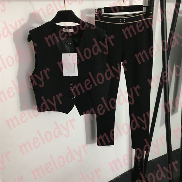 Colete de grife feminino calça preta colete terno casaco leggings elástico alto diamante letra sem mangas casaco calças apertadas