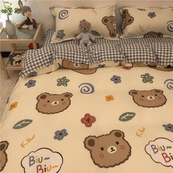 Bettwäsche-Sets für Jungen und Mädchen, modisch, flache Blätter, für Erwachsene und Kinder, Bettwäsche, Bettbezug, Kissenbezug, niedlicher Cartoon-Bär
