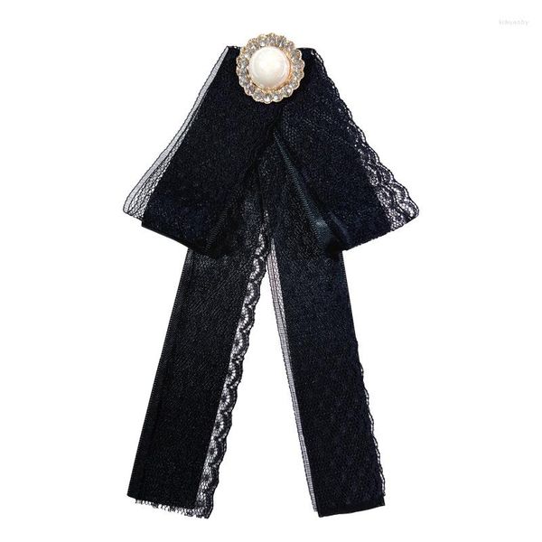 Бруши ретро черные кружевные ткань галстук жемчужный хрустальный брошь женский рубашка булавки модные украшения