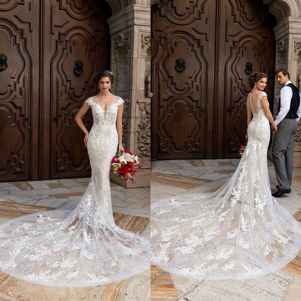 Neue Kitty Chen Meerjungfrau Brautkleider Spitze Applikationen Brautkleider V-ausschnitt Flügelärmeln Illusion Zurück Brautkleid Vestidos De Novia289I