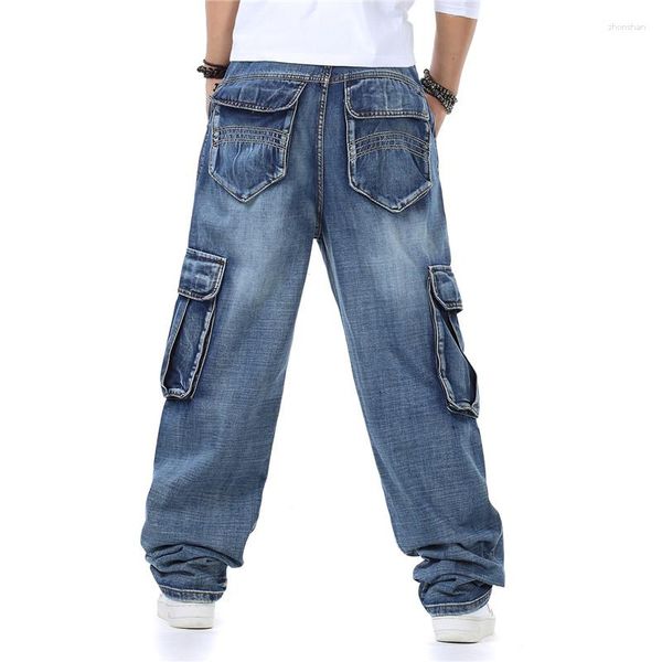 Jeans da uomo per uomo Pantaloni cargo in denim dritto di marca stile giapponese Biker larghi larghi blu con tasca laterale