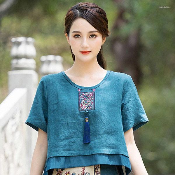 Blusa de manga curta feminina de linho de algodão estilo retrô solto bordado com borla camisa chinesa