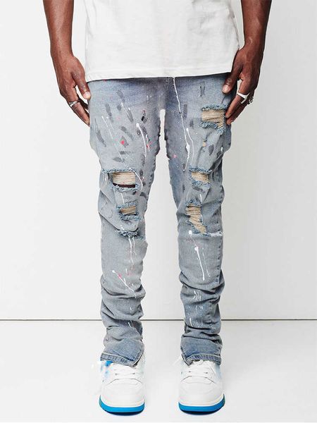 Camisetas Masculinas Novo Design Jeans Masculino Man Paint Slim Fit Algodão Calças Denim Ripped Knee Hollow Out Jeans Azul Claro para Homens Streetwear J230731