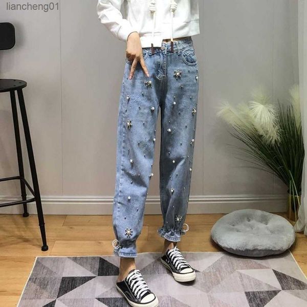 Jeans a vita alta svasati ricamati per donna Pantaloni Harem blu con coulisse Pantaloni denim Pantaloni streetwear Mom Jeans L230619