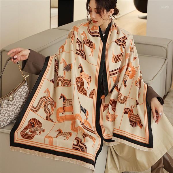 Schals Winter Schal Frauen Warme Kaschmir 2023 Luxus Pashmina Design Druck Pferd Schals Doppelseitige Dicke Foulard Bufanda