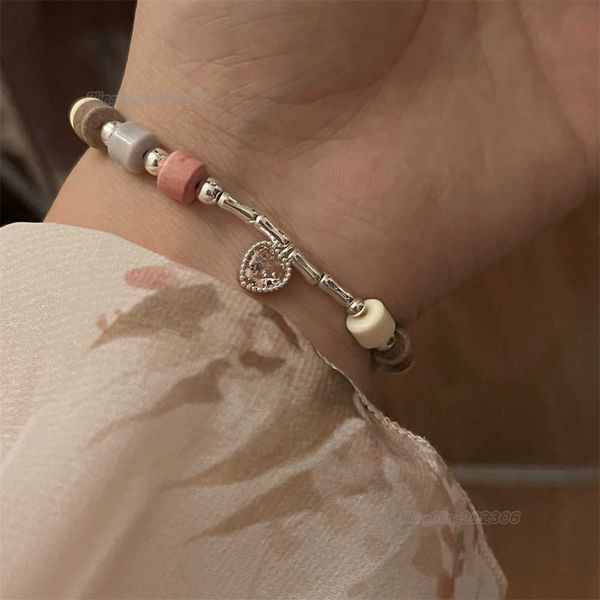 Rosa Diamant 925 Silberschmuck Herz-Armband Runde Perlen Buntes Naturstein-Armband Insider-Design Exquisite und einfache Armbandanhänger