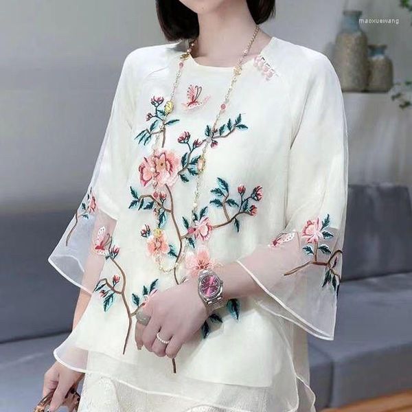 Ethnische Kleidung 2023 Mode Chinesische Taste Blume Stickerei Tangsuits Hanfu Rundhals Nachahmung Seide Bluse Frauen Top