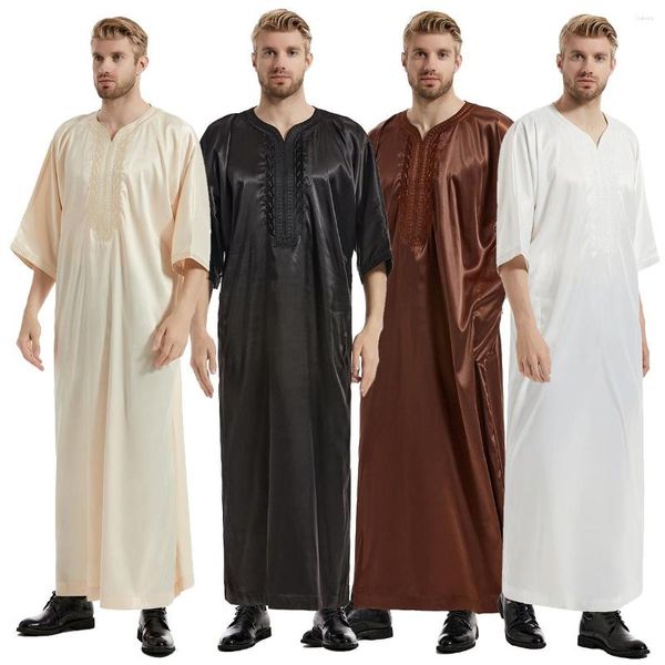 Roupa Étnica Muçulmano Verão Manga Meia Manga Redonda Gola Cor Pura Robe Bordado Árabe Masculino Adulto Tornozelo Comprimento Thobe Ramadan Eid