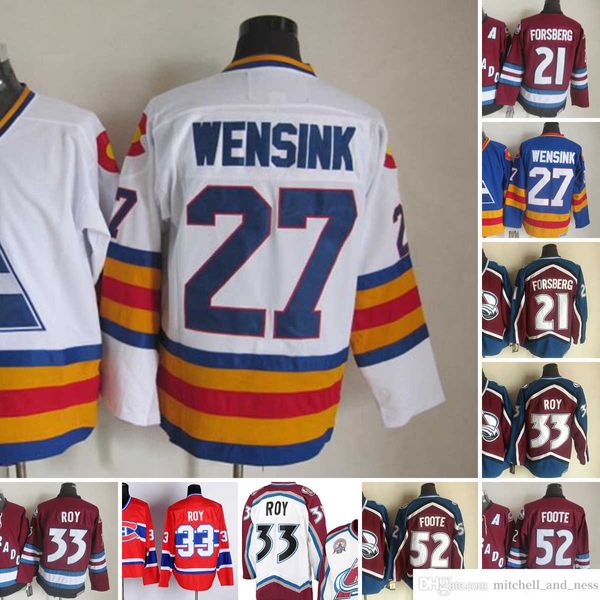 1980 Film Vintage Hockey 21 Peter Forsberg Maglie Ricamo CCM 27 John Wensink 33 Patrick Roy 52 Adam Foote Maglia Blu Rosso Bianco Uomo