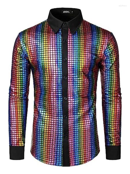 Camisas sociais masculinas anos 70 fantasia de festa disco ouro prata lantejoulas manga longa botão para baixo