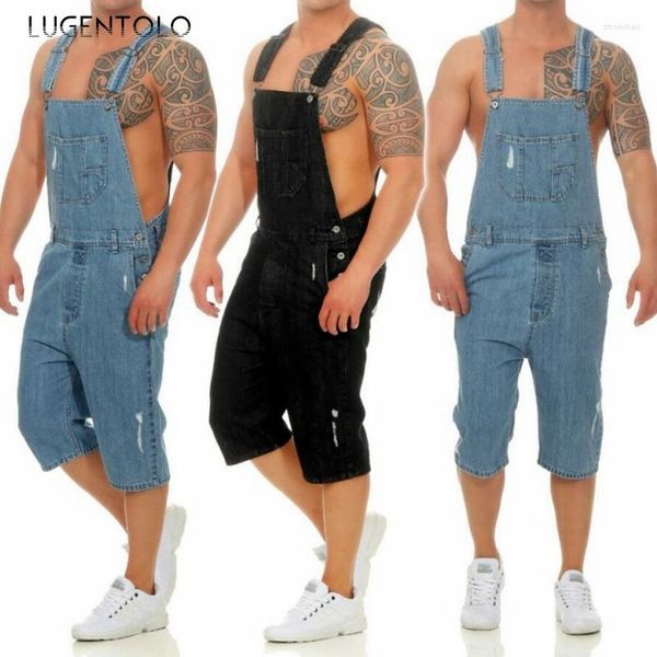 Erkekler kot yırtılmış jean tulum erkekler yaz düz vintage denim gündelik büyük boy sokak kıyafetleri