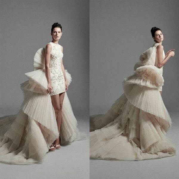 Vestidos de Noiva Krikor Jabotian 2020 Com Trem Destacável Tule Babados Saias em Camadas Alto Baixo Vestido de Noiva Custom Made Abiti Da267Z