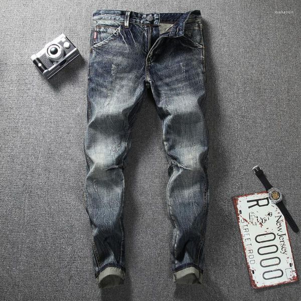 Jeans Masculino Designer de Moda Masculino Retro Cor Escura Ajuste Justo Rasgado Calças Vintage de Alta Qualidade Calças Denim Hombre