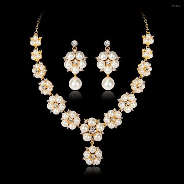 Orecchini collana set 1 kit sposa perla finta fiore strass elegante lusso donna ciondola gioielli da sposa regalo