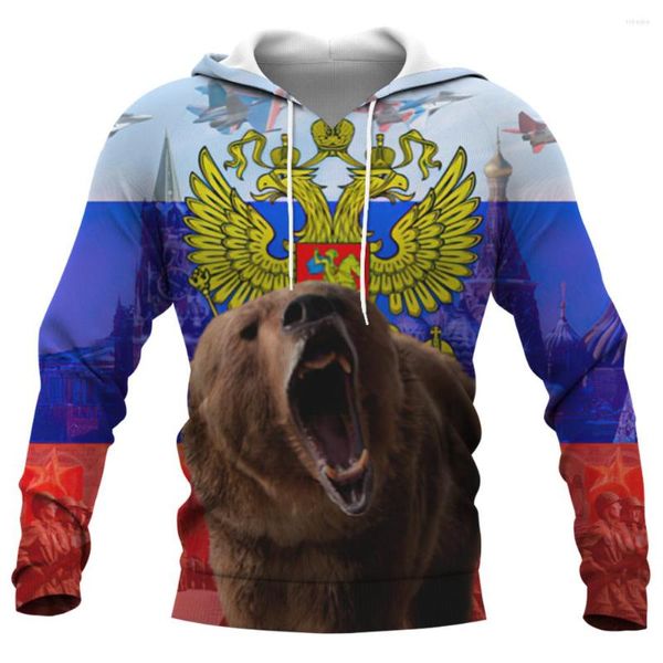 Moletons Masculinos Estampa 3D Bandeira Russa Emblema Nacional Animal Urso Moletons Masculino Feminino Unissex Com Capuz Oversized Moda Casaco