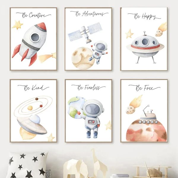 Razzo Astronauta Tela Pittura UFO Spazio Pianeta Stella Nordic Nursery Poster E Stampe Wall Art Kids Room Decor w06