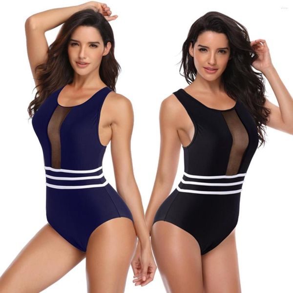 Damen-Badebekleidung, einteiliger Badeanzug, einfarbig, Netzstoff, sexy Bikini, hohe Taille, durchsichtiger dreieckiger Rücken-Reißverschluss-Anzug