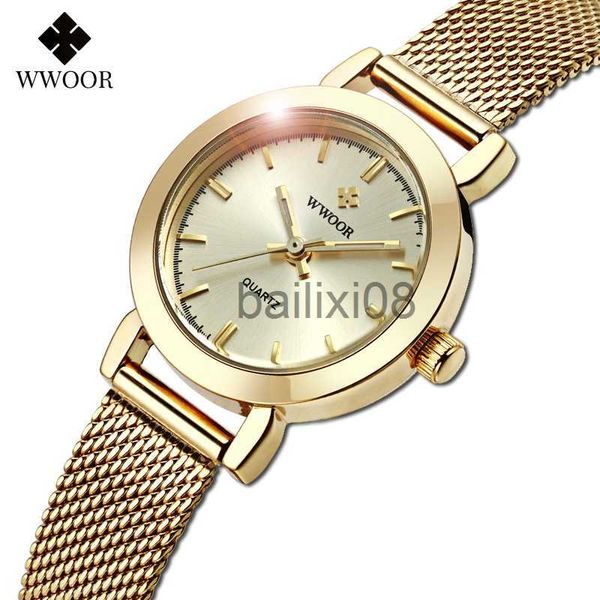 Outros relógios WWOOR Relógios femininos 2022 Top Brand Luxury Steel Steel Mesh Band Gold Dress Watch Women Fashion Small Wristwatch Reloj Mujer J230728
