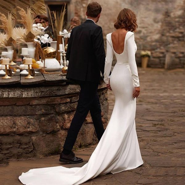 2022 Elegante abito da sposa a sirena quadrato maniche lunghe abiti da sposa in raso a forma di U abito da sposa senza schienale249Q