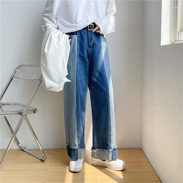 Herren Jeans Spleißen Kontrastfarbe Männer Übergröße Hiphop Street Trend Gerade Hose mit weitem Bein Lose gewaschene Denimhose Vier Jahreszeiten