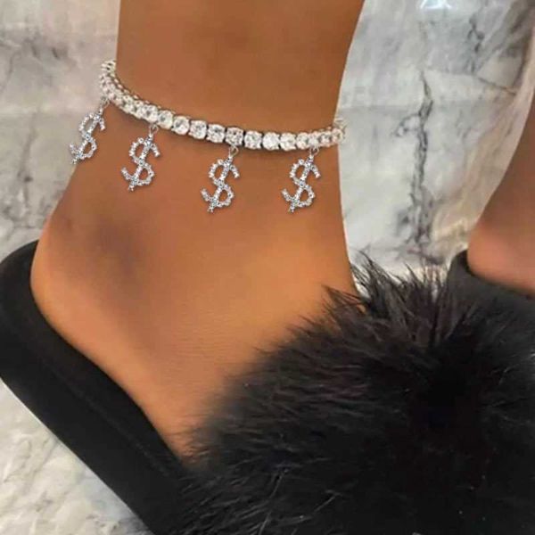 Ovelty Fußkettchen mit Dollarzeichen-Anhänger, Großhandel für Damen, modisch, Strass-Tenniskette, Armband, Fußschmuck 230719