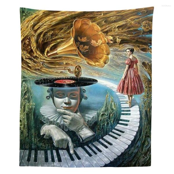 Tapeçarias Música Surrealista Vida A Garota Andou Sobre Piano Art Nouveau Mulher Bonita Estilo Colagem Pendurado na Parede Decoração Tapeçaria