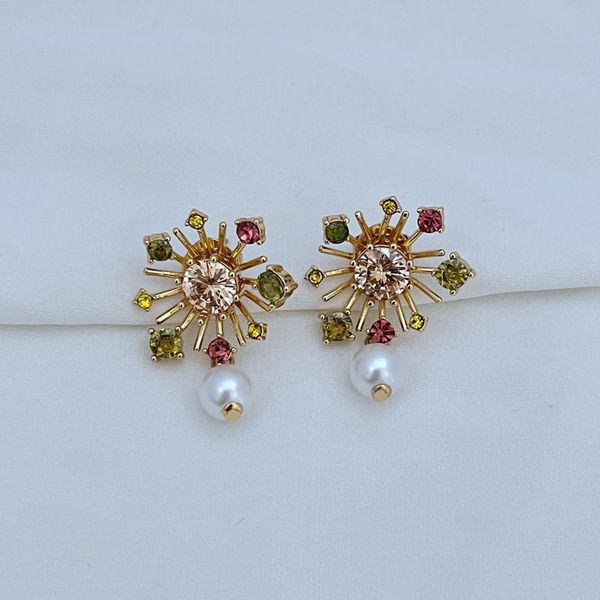 Stud Real 18K Gold Plated Crystal Gems Pearl Flower Orecchini Gioielli Lettera regalo di nozze fabbrica all'ingrosso Con sacchetto per la polvere