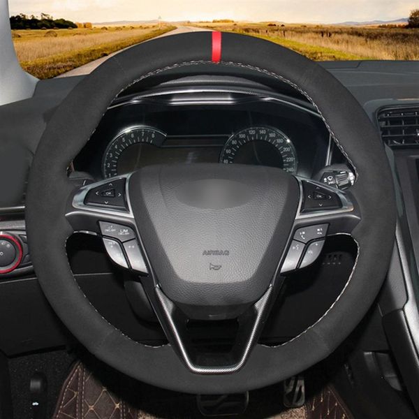 Capa de volante de carro de camurça sintética preta costurada à mão para Ford Mondeo Fusion 2013-2019 EDGE 2015-2019171A