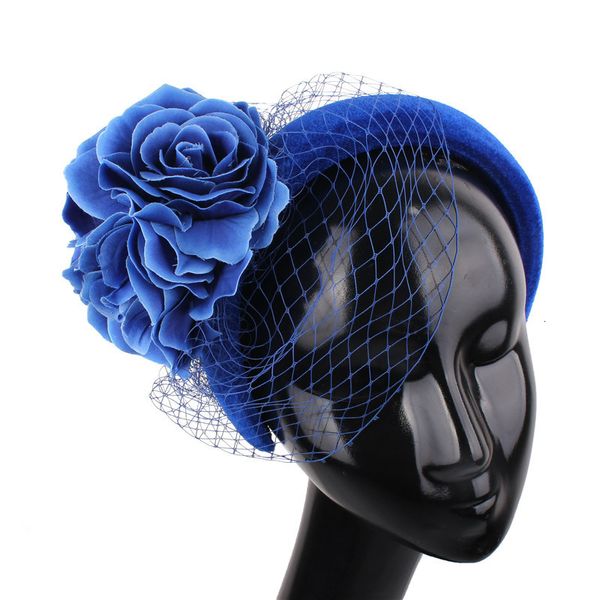 Geizige Krempe Hüte Königsblau Mode Kopfbedeckungen für elegante Braut Mesh Blume Fascinators Haarschmuck Netz Kopfschmuck Prinzessin Frauen Haarband 230729