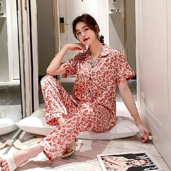 Roupa de dormir feminina Est Silk Pijama para mulher Sweet Leopard Pijama mulher elegante manga curta calça comprida conjuntos de senhoras para casa 2023