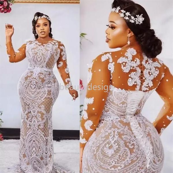 Aso Ebi Abiti da sposa a sirena champagne Abiti da sposa Gioiello Collo Maniche lunghe Bianco Appliques di pizzo Perline Corsetto Indietro Taglie forti ro276d